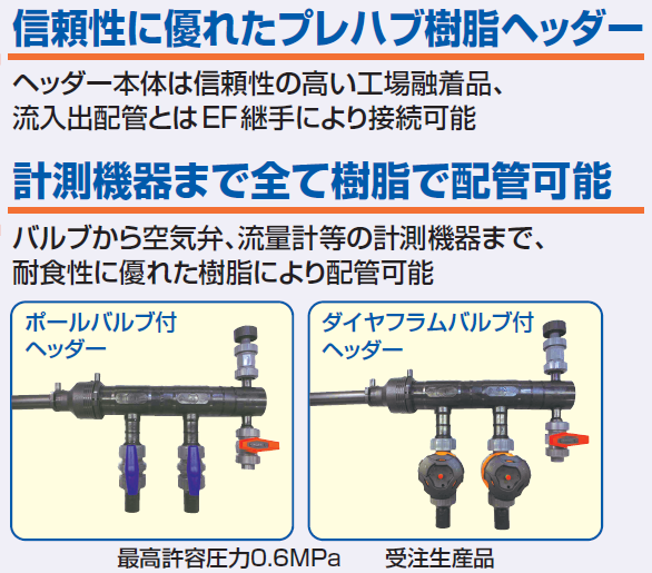 ヘッダーから計測機器まで全て樹脂で配管できます